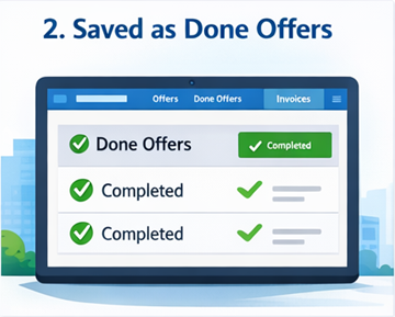 Panel de usuario que muestra servicios de transporte completados guardados como Ofertas Finalizadas en ExusTrans